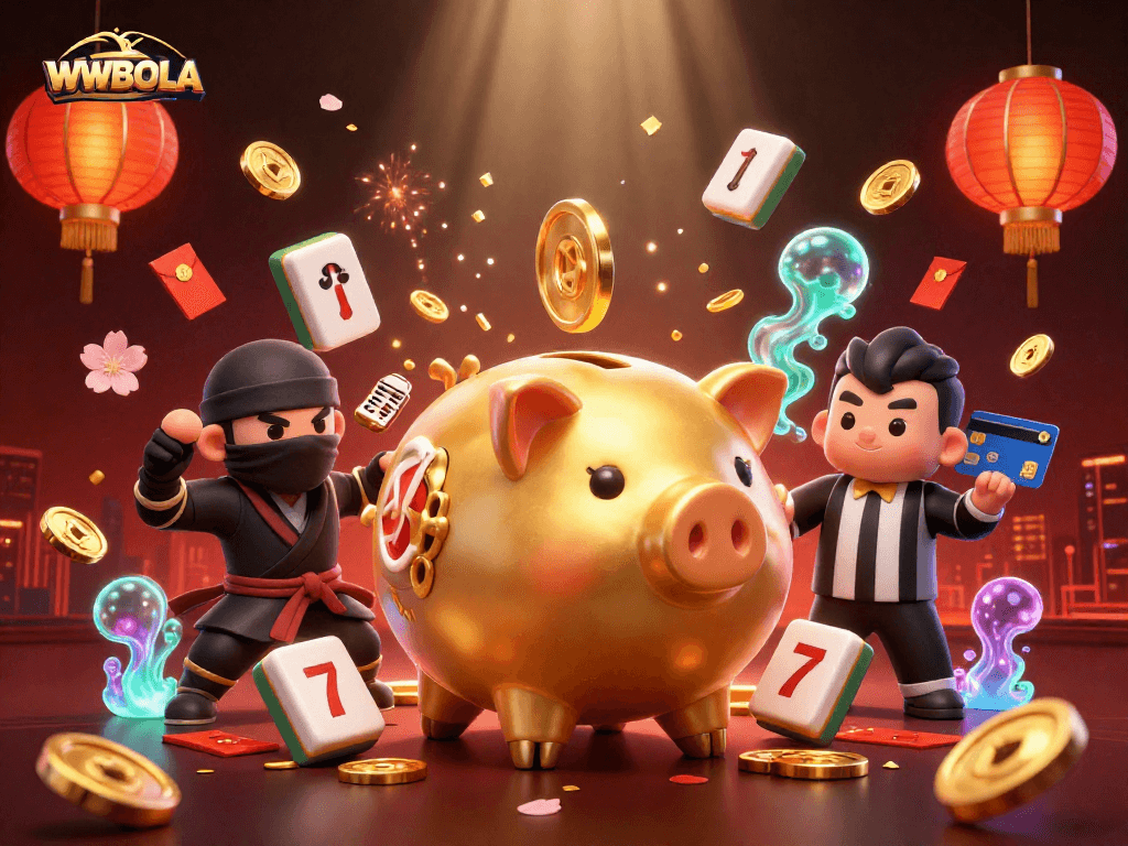 Memenangkan jackpot di WWBOLA dengan karakter unik seperti bank piggy emas sumo dan ninja wallet yang beraksi.