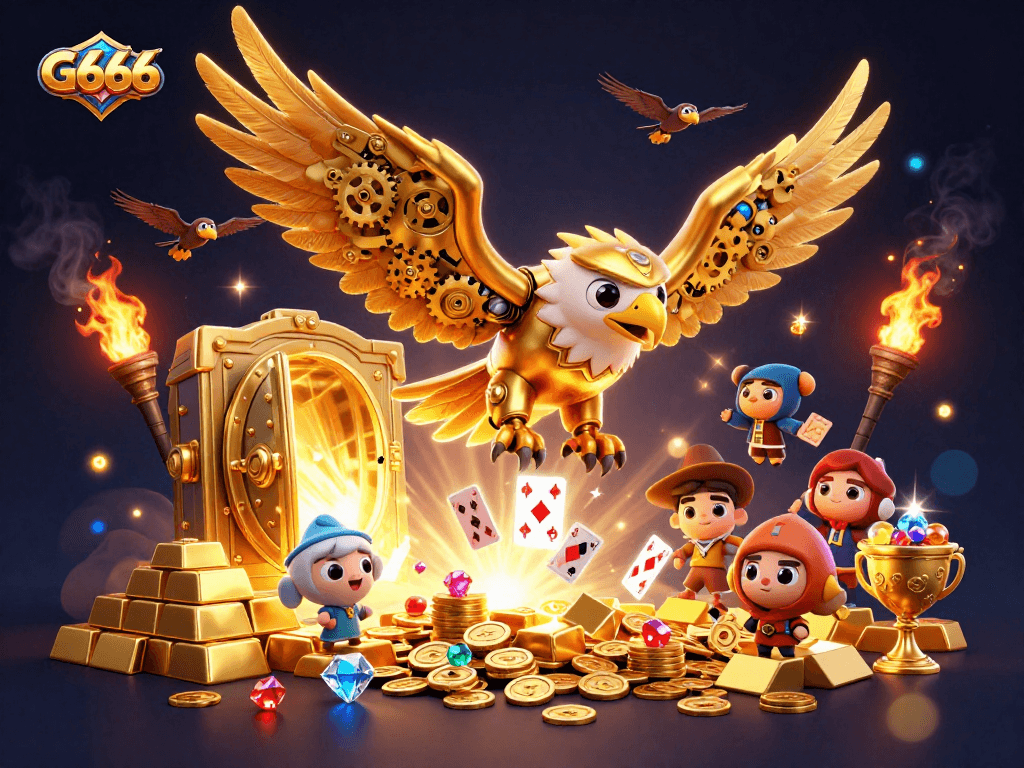 Experience thrilling gambling action at G666 with holographic playing cards and gold treasures.
