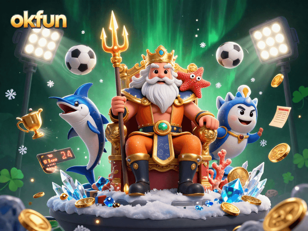 Bet on exciting games at okfun with Neptune and engaging casino elements in a vibrant scene.