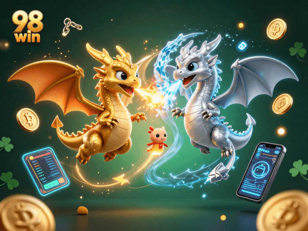 Experience the excitement of 98 win with cartoon dragons amidst crypto-themed elements in a vibrant scene.