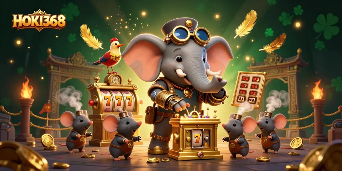 Experience thrilling gameplay at HOKI368 with a lively steampunk casino scene filled with vibrant characters and captivating elements.