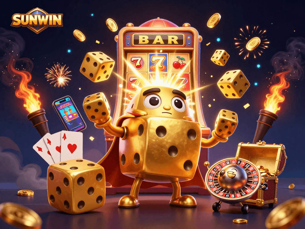 SUNWIN offers an engaging casino experience showcasing a vibrant 3D illustration with golden dice and a jackpot bursting from a slot machine.