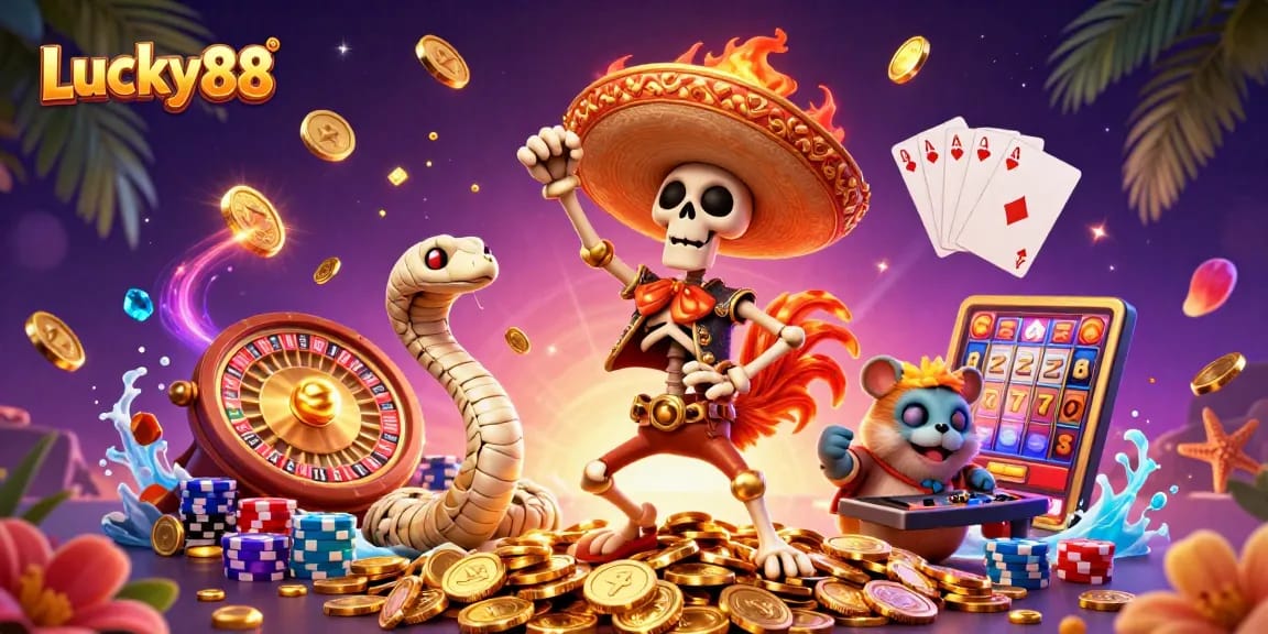 Lucky88 showcases a vibrant casino scene with a dancing skeleton, mummy snake, and DJ hamster celebrating amidst golden coins and games.