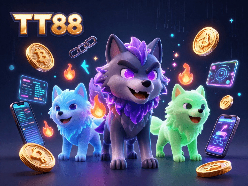 Engage with TT88, showcasing a thrilling 3D casino scene with ghostly wolves and cryptocurrency elements.