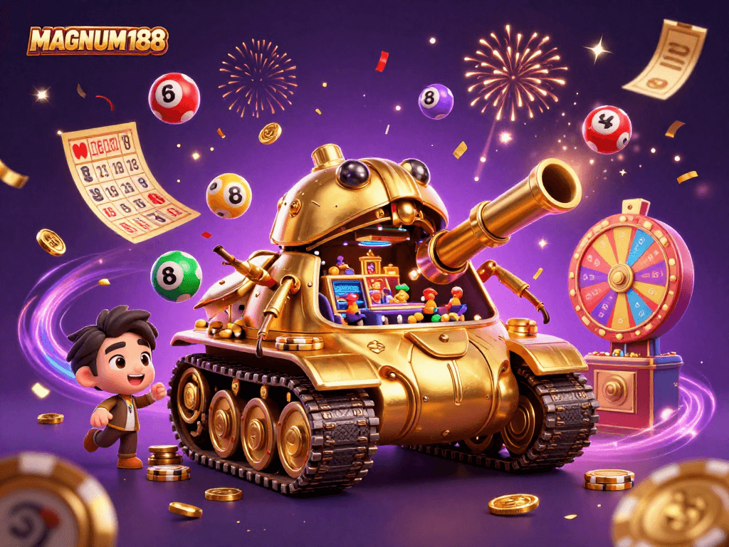Experience the excitement of MAGNUM188 with a vibrant casino scene inside a golden beetle tank.