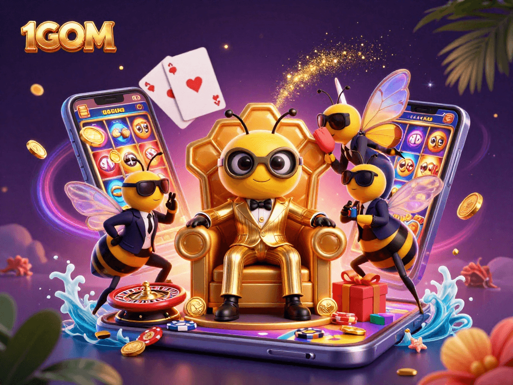 Experience the vibrant world of 1GOM as a cartoon bee boss leads wins in a thrilling casino scene.