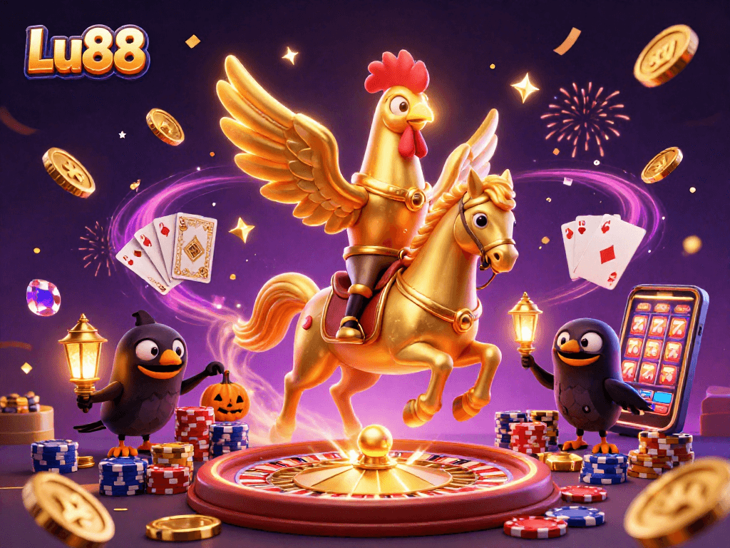 Experience Lu88's vibrant casino atmosphere with golden rooster and exciting game elements.