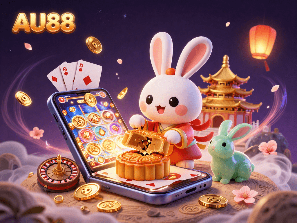 Engage with AU88, enjoying a vibrant scene of casino gaming with moon rabbits, poker chips, and slot games.