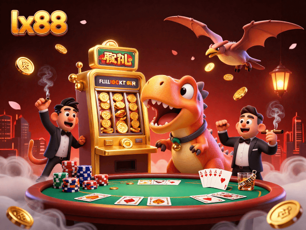 Experience the excitement of lx88 as a dinosaur headbutts a slot machine, coins flying everywhere in a vibrant casino scene.