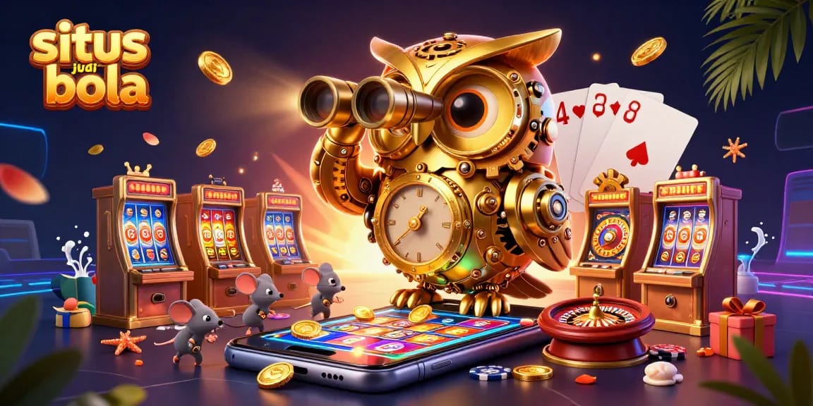 Win big at situs judi bola with an exciting casino scene featuring characters and game elements.