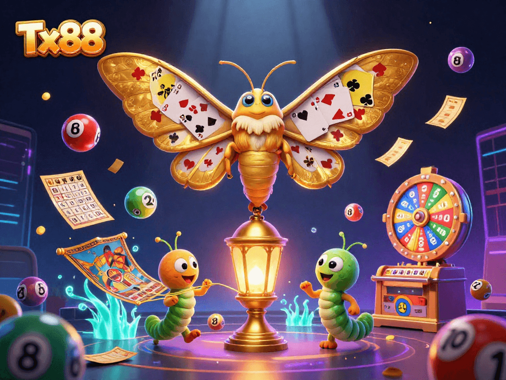 Experience dynamic Tx88 gaming with colorful lottery elements and vibrant casino scenes in a captivating illustration.