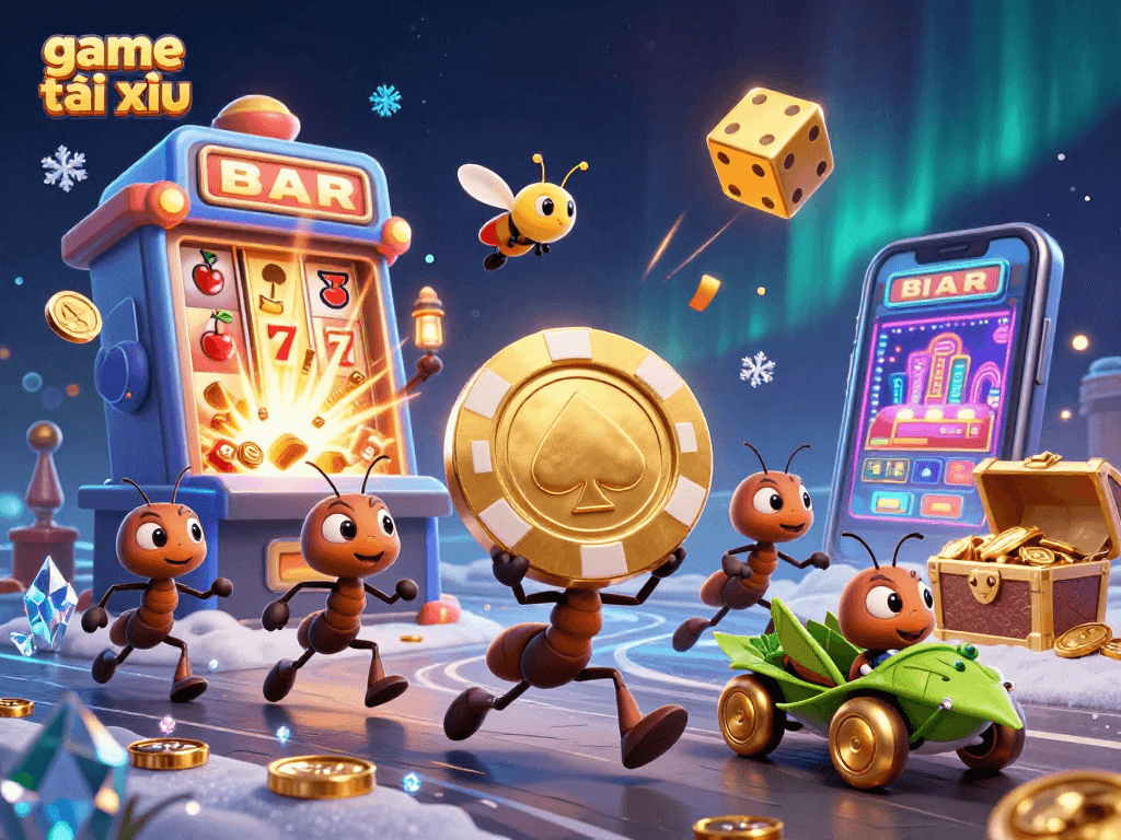Engaging ants heist carrying a giant poker chip while game tài xỉu elements burst around them.