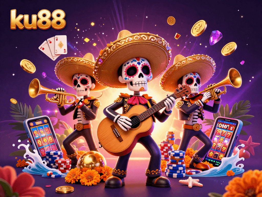 ku88 showcases an energetic mariachi band among dazzling casino elements, emphasizing lively gaming action.