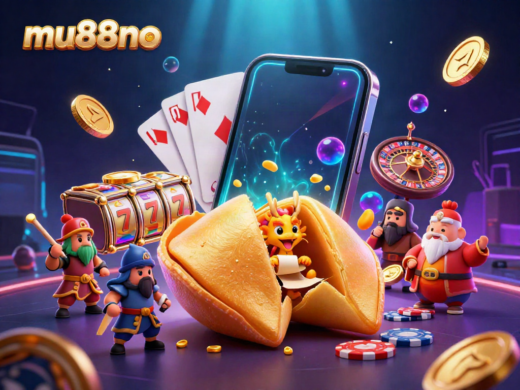 Experience winning gameplay at mu88no with a fantastical scene featuring a golden cookie, dragon, and slot elements.