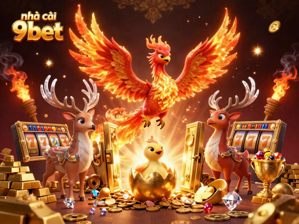Experience the thrill of nhà cái 9bet with a vibrant 3D digital illustration featuring mythical characters and casino elements.