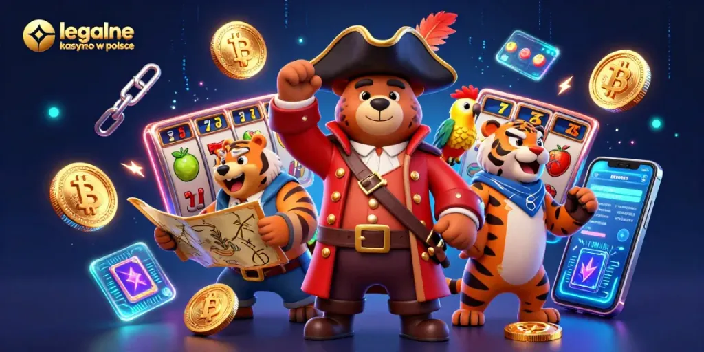 Engage with legalne kasyno online w polsce in a dynamic 3D scene featuring a pirate bear, tiger, and treasures.