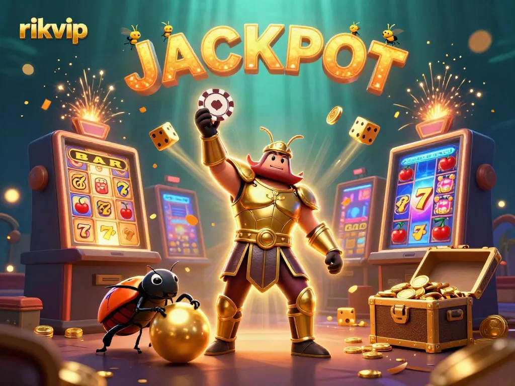 Experience thrilling moments at rikvip with vibrant characters celebrating a casino jackpot triumph.