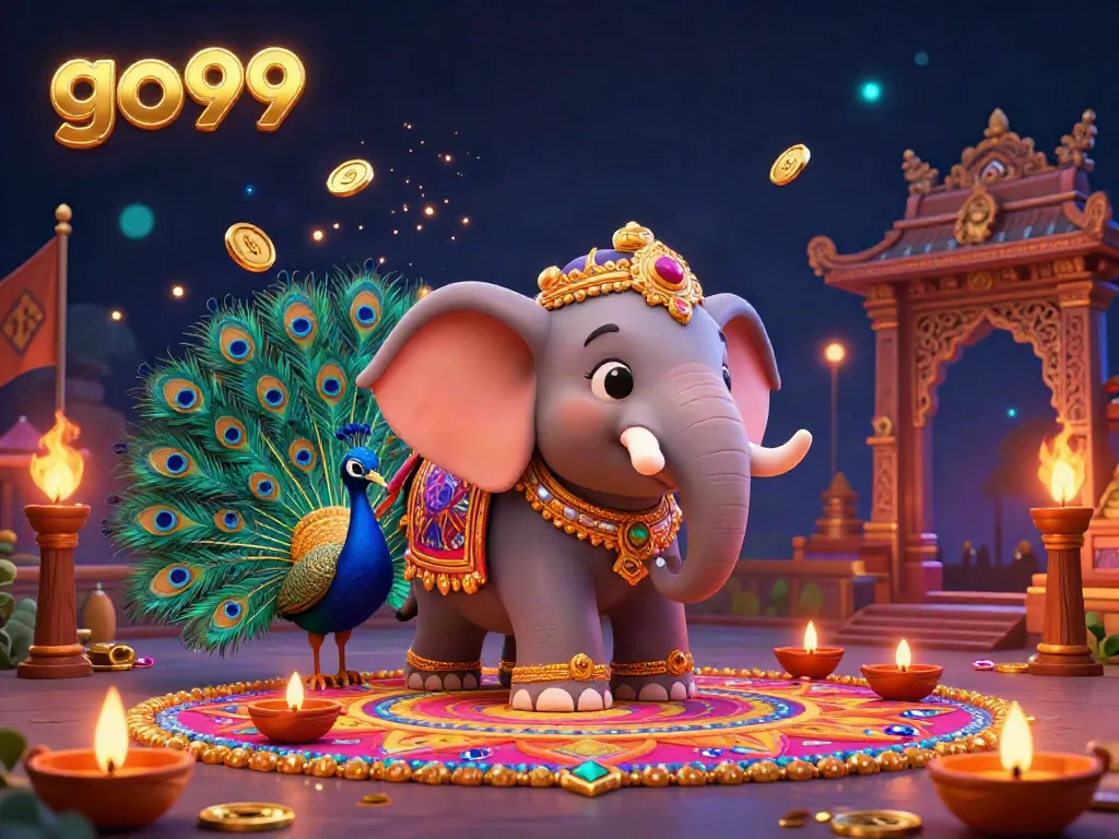 Experience thrilling games at go99 with a majestic Diwali-themed elephant and peacock in a dazzling casino setting.