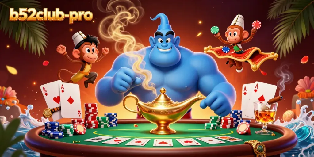 Engage in thrilling gameplay with b52club-pro in a vibrant casino scene featuring a genie, monkey, and poker elements.