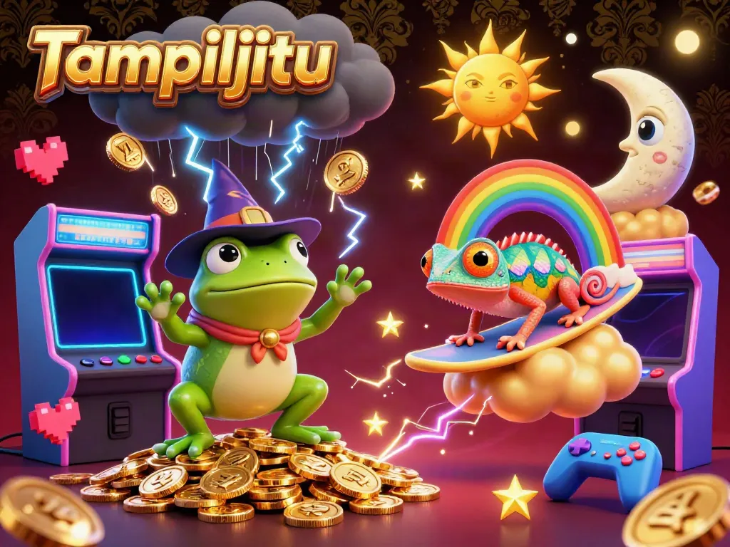 Experience Tampiljitu's magical world, where a wizard frog conjures golden coins amid vibrant gaming action.
