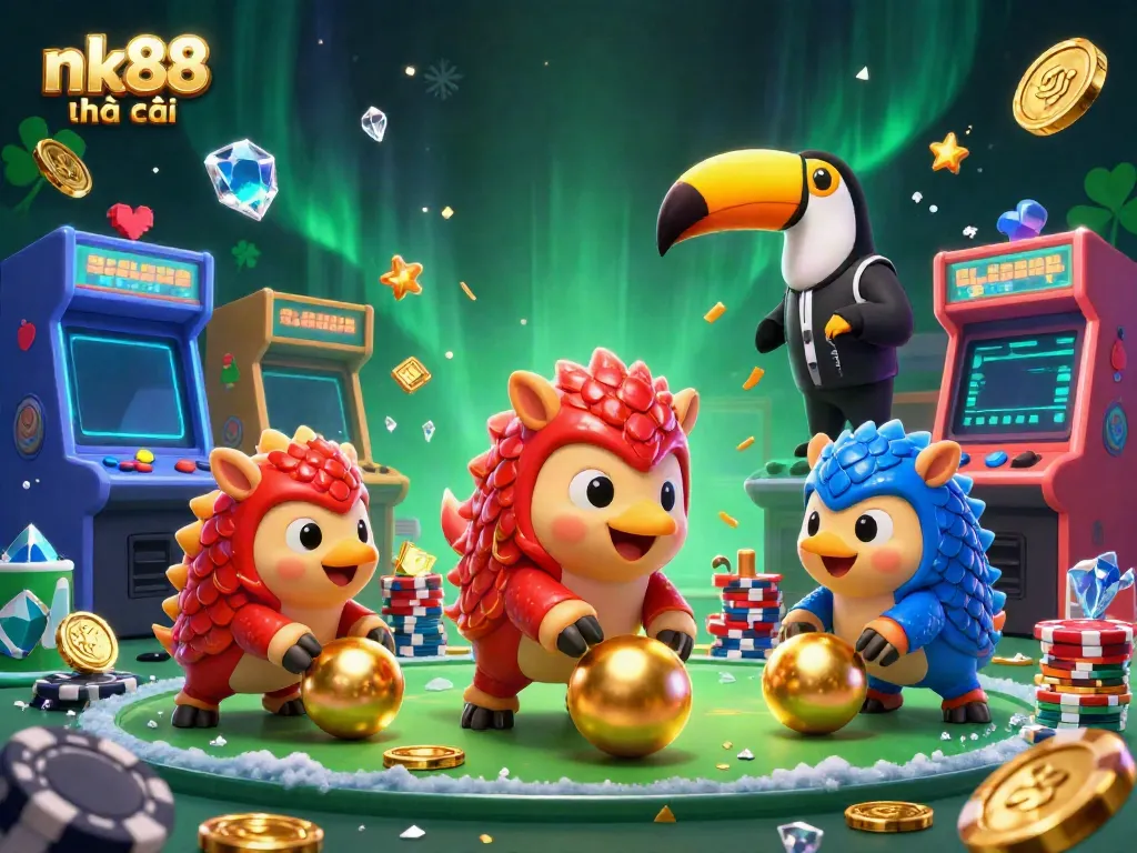 Engaging scene of nk88 nhà cái featuring cartoon pangolins and vibrant casino elements