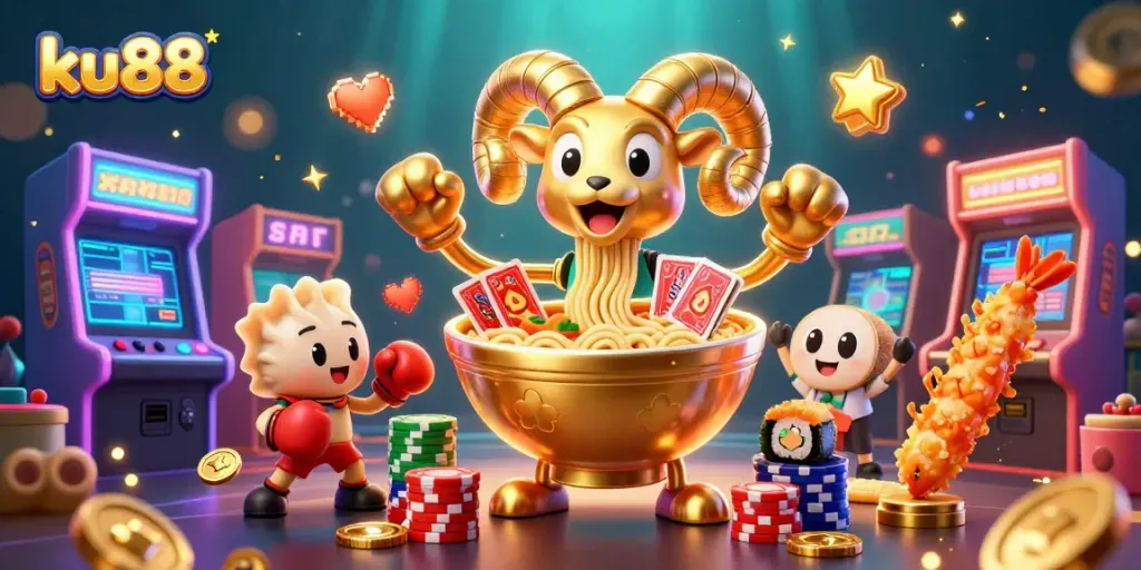 ku88 showcases a vibrant 3D casino scene with engaging characters and lively gaming elements.