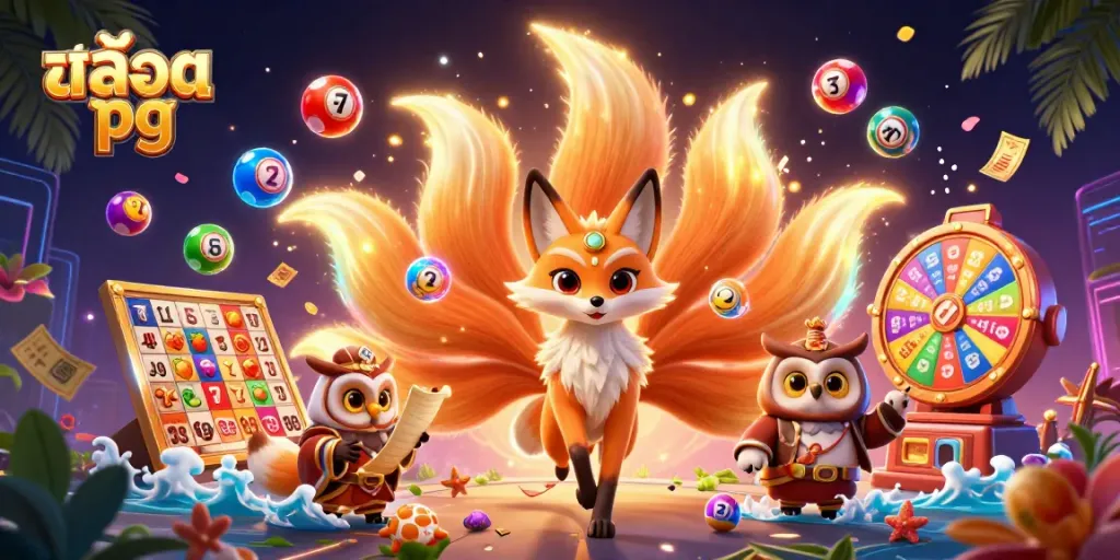 Engage with exciting สล็อต pg slot reels in a vibrant 3D casino illustration featuring colorful characters.