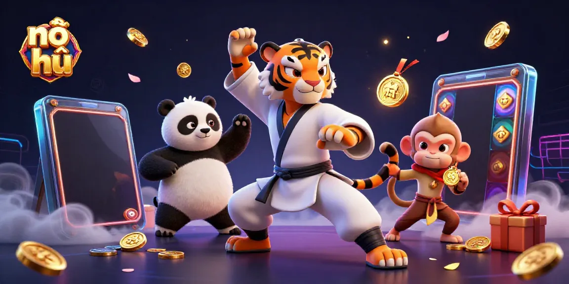 Experience the excitement of nổ hũ with a kung fu tiger master, slot games, and playful characters.