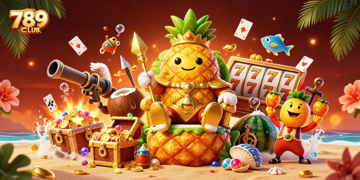 Experience the vibrant world of 789CLUB with a golden pineapple king and dynamic casino elements in 3D.