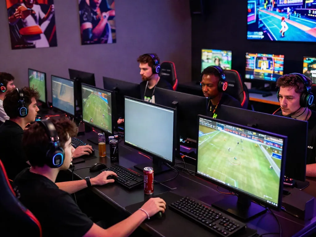 Immersive online gaming scene with players engaged at computers showcasing https://five888vin.com/ competitive sports and casino gaming.