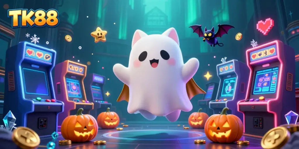 Experience thrilling casino adventures with TK88 as the friendly ghost cat and companions explore.