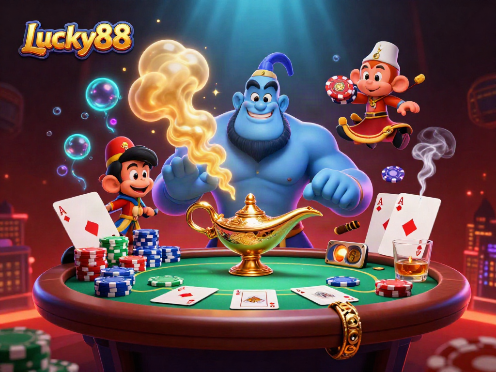 Engage in thrilling poker action with Lucky88 as a muscular genie bursts from a lamp, joined by a curious monkey and poker elements.