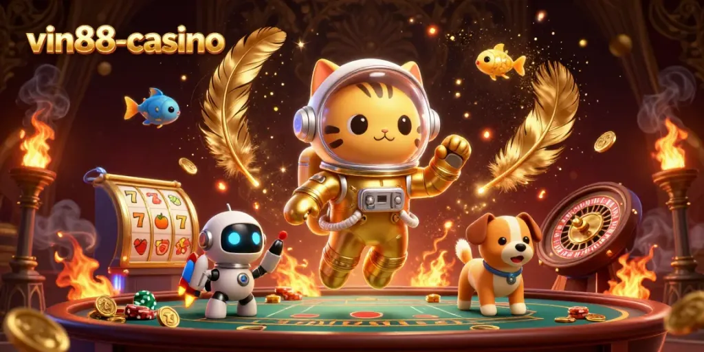 Experience vin88-casino's thrilling slot action with an astronaut cat and magical elements.