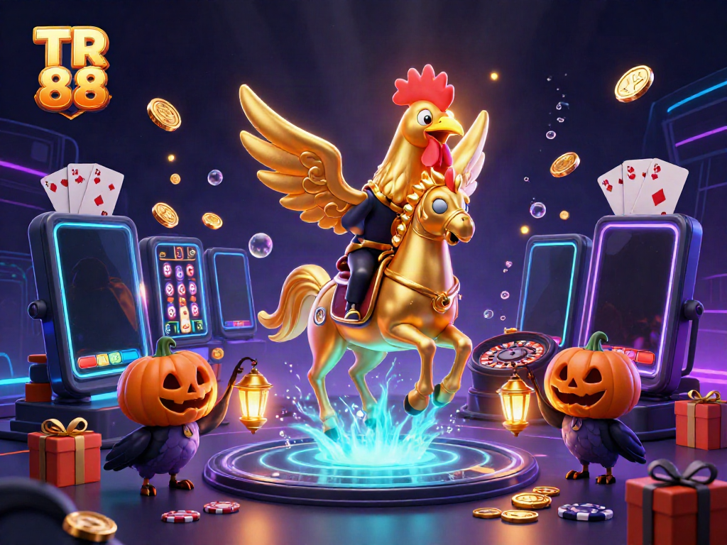 Experience the excitement of TR 88 with a golden rooster and casino elements in a vibrant scene.
