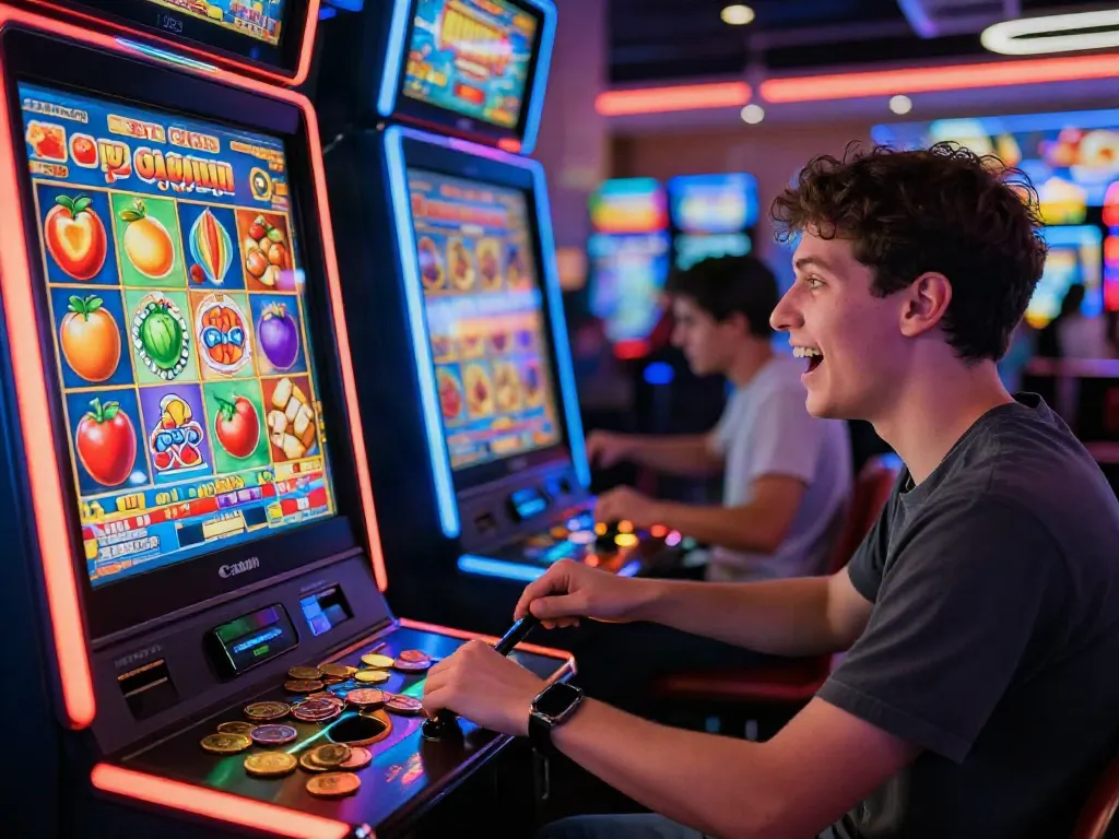 Exciting moment at a slot machine highlighting the situs slot gacor experience with vibrant colors and lively atmosphere.