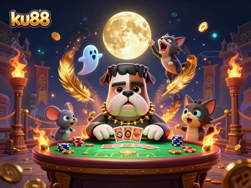 Experience thrilling gameplay at ku88 with a lively scene featuring a Frankenstein bulldog dealer and vibrant casino elements.