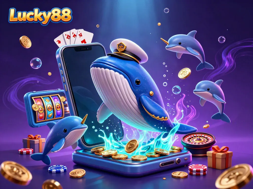 Lucky88 showcases a vibrant underwater casino scene with a whimsical whale and playful dolphins celebrating winnings.