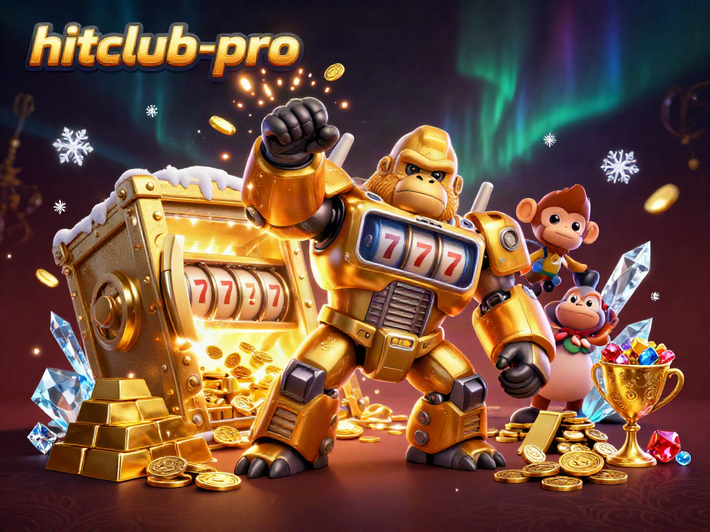 Engage with hitclub-pro in a vibrant casino scene featuring a golden gorilla mech surrounded by jackpots and treasures.