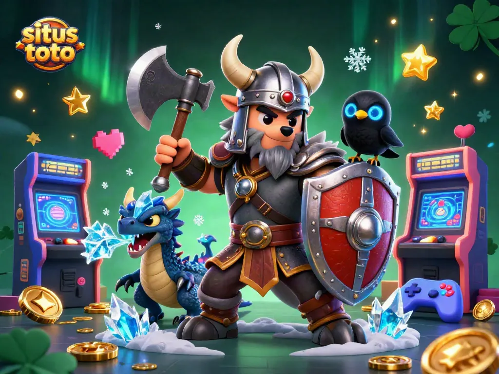 Experience the thrill of situs toto with a vibrant 3D scene featuring a wolf warrior, dragon, and gaming elements.