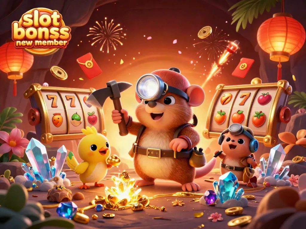 Engage with the slot bonus new member visuals featuring an adventurous mole and canary in a treasure-filled cave.