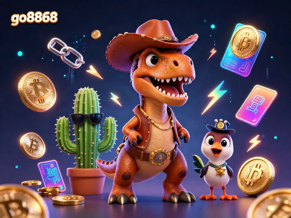 Experience thrilling gameplay with go8868 as a T-Rex cowboy, cactus sidekick, and roadrunner in a vibrant casino scene.