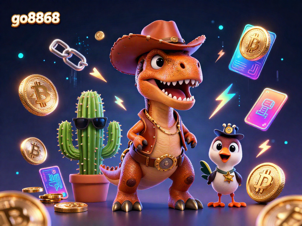 Experience thrilling gameplay with go8868 as a T-Rex cowboy, cactus sidekick, and roadrunner in a vibrant casino scene.