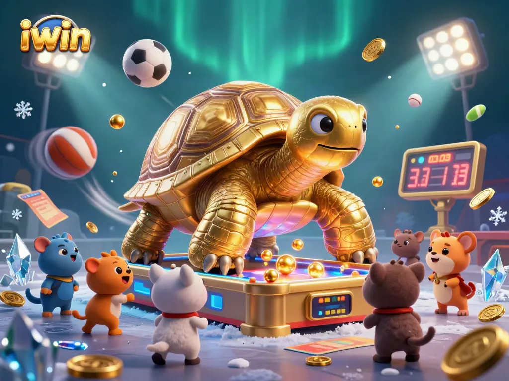 Join the fun at iwin with a colossal tortoise pinball machine surrounded by excitement and gambling elements.