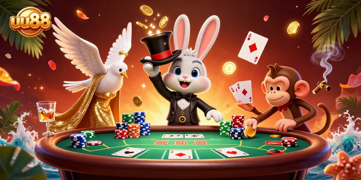 Join the exhilarating magic of uu88 as a rabbit conjures coins, framed by poker elements.