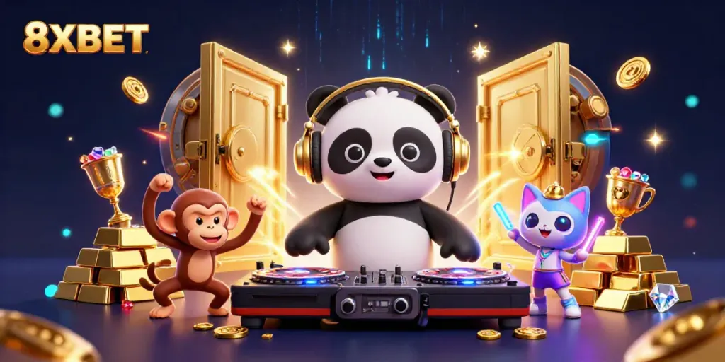 Experience excitement with 8XBET in a vibrant 3D casino scene featuring a DJ panda and dynamic characters.