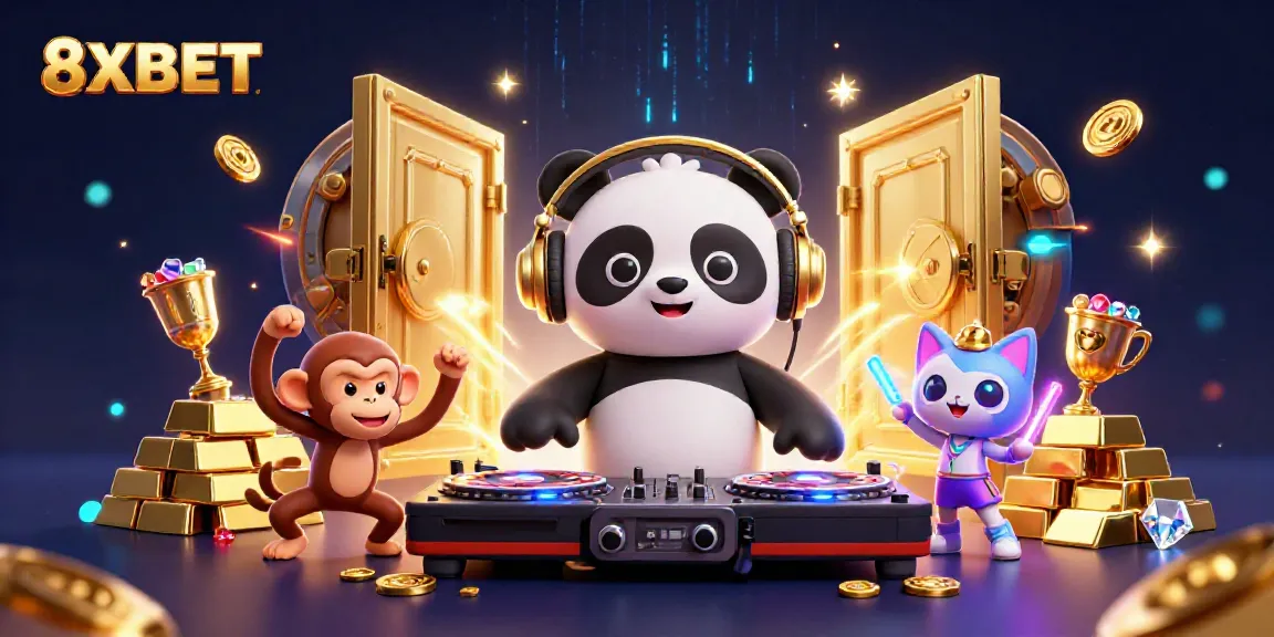 Experience excitement with 8XBET in a vibrant 3D casino scene featuring a DJ panda and dynamic characters.