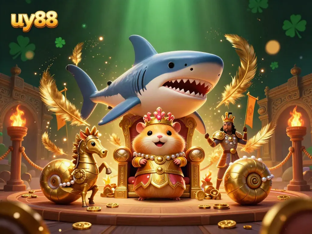 Join the battle for jackpots with the uy88 hamster king and his royal sea guards in this vibrant casino scene.