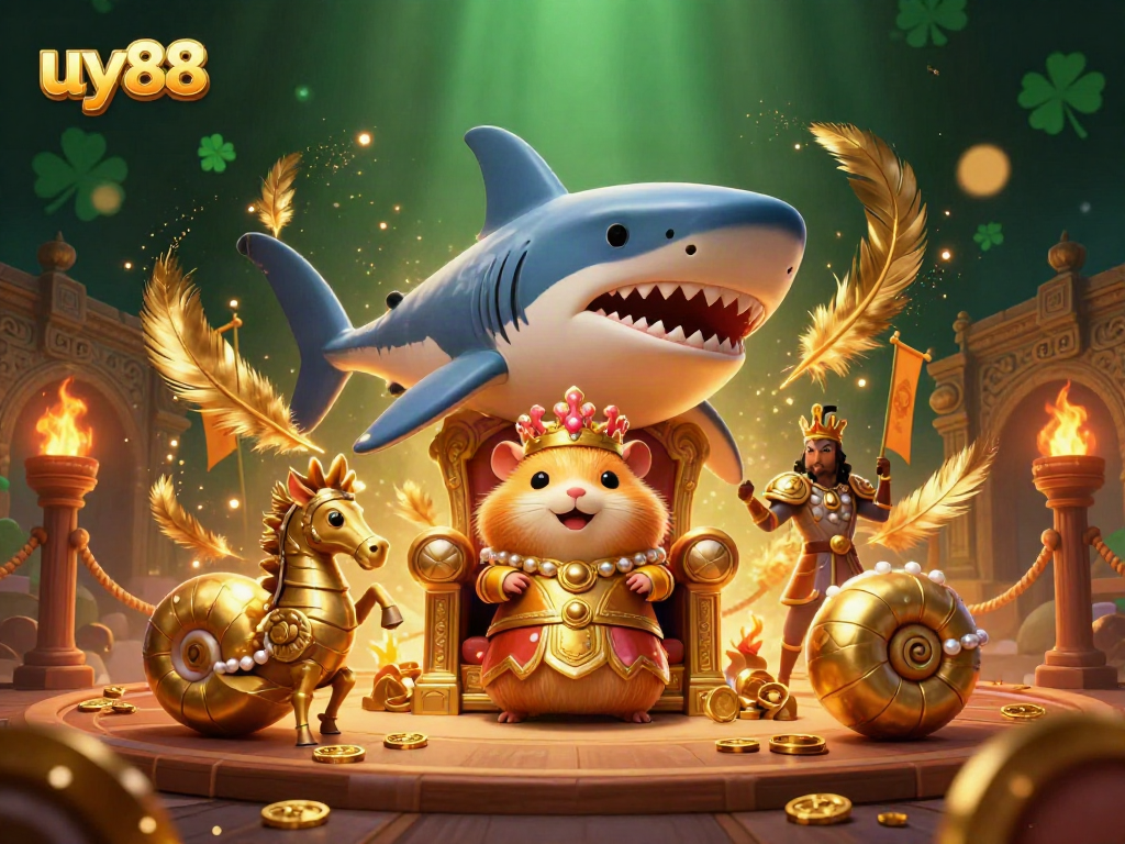 Join the battle for jackpots with the uy88 hamster king and his royal sea guards in this vibrant casino scene.