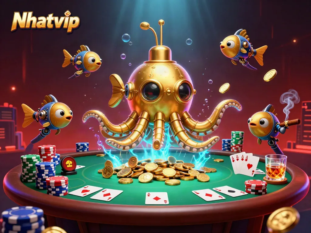 Nhatvip showcases a dynamic scene with a golden kraken submarine and poker elements, diving into casino excitement.