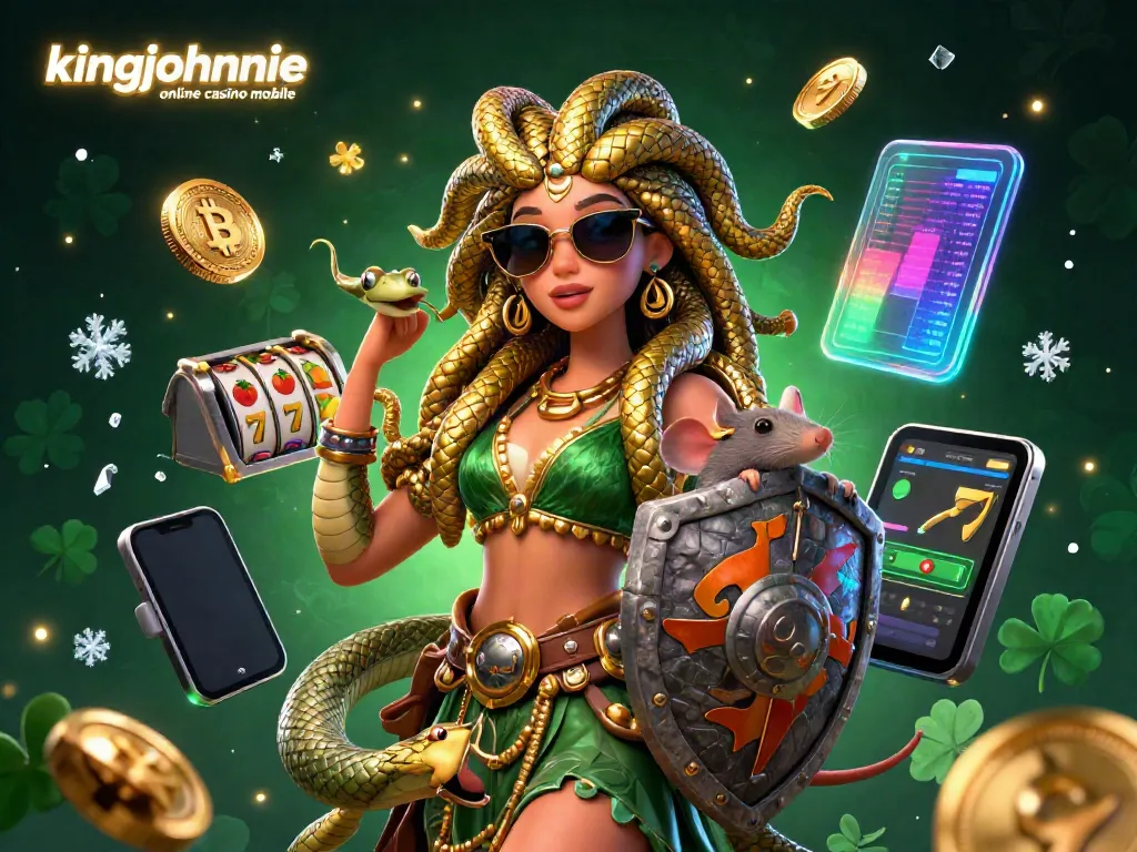 Engage in thrilling games at kingjohnnie online casino mobile with a vibrant Medusa and a warrior mouse amidst slot reels and crypto coins.